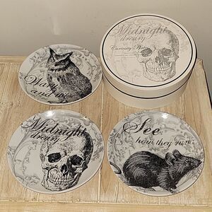 POTTERY BARN Curiosity Plates Midnight Dreary Appetizer SET of  3  6 1/2”